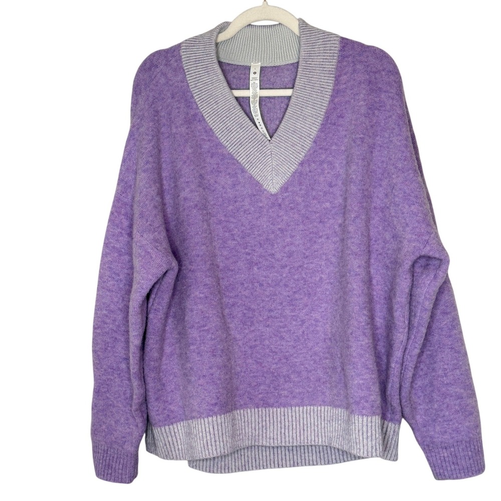 Lululemon Alpaca Wool Blend Oversized V-Neck Sweater Purple‎ Grey LW3GXZS Large